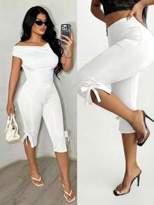 SHEIN SXY 素色蝴蝶結七分內搭褲 - 白色 - 查看 7