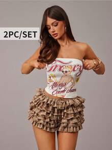 Radiana Women's 2-Piece Set:Retro American Graphic Bandeau Top & Plaid Layered Ruffle Bow Mini Shorts,White And Brown,Summer,Street Wear Y2k,Club Night,Chic - Multicolor - View 2
