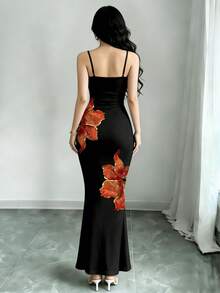 NOVVYNE Đầm đen in họa tiết hoa dâm bụt bóng mượt, đầm ôm sát gợi cảm hai dây cho mùa hè dành cho nữ, chân váy đuôi cá màu đen. - Nhiều màu - Xem 2