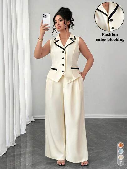 SHEIN Elenzya Cream-White Main Tone + Black Trim Contrast Color Sleeveless Suit Two Pieces Set, Plus Size Classy Coords Outfit For Women