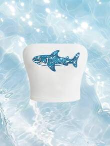 ROMWE Avant Y2K性感鲨鱼串珠刺绣露脐胸衣 - 白色 - 查看 1