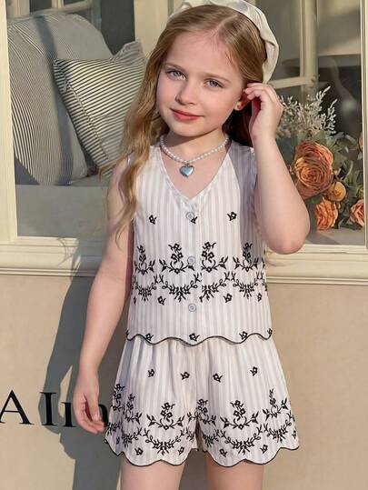 SHEIN 2pcs/Set Baby Girls' Casual Vacation Sweet Pink Striped Plaid Sleeveless Vest + Matching Loose Sports Shorts