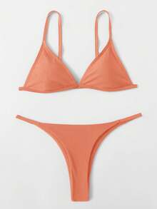 SHEIN Swim Women's Solid Color Bikini Set For Beach Vacation - Coral Orange - View 1