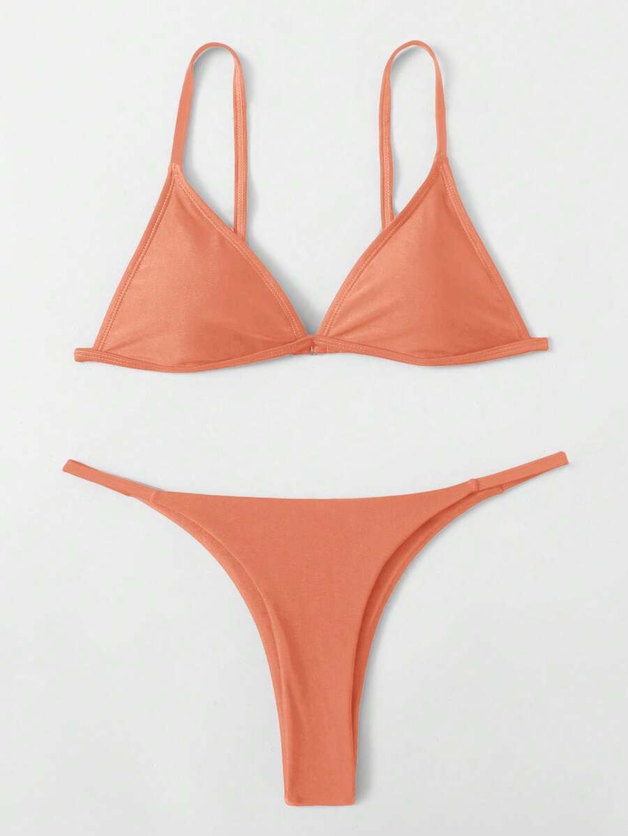 SHEIN Swim Women's Solid Color Bikini Set For Beach Vacation - Coral Orange - View 1