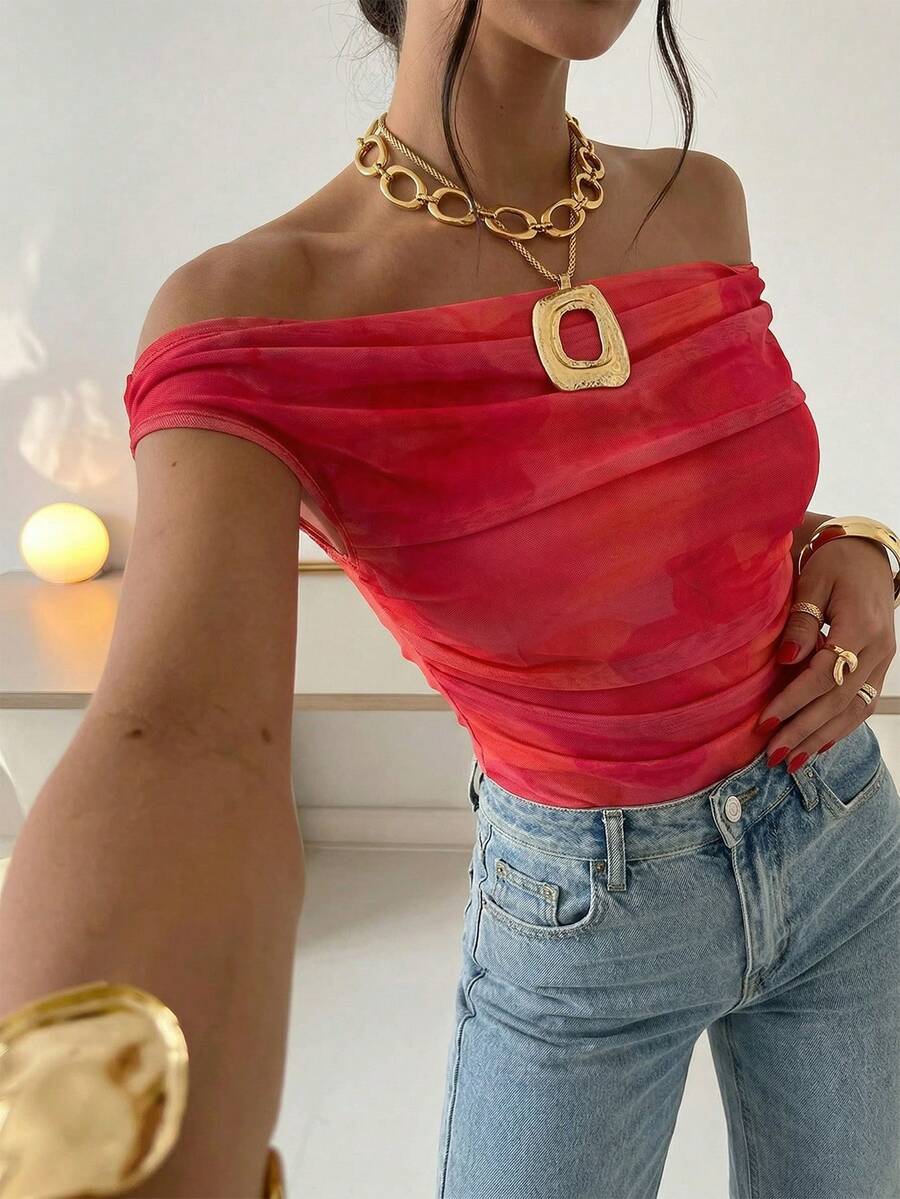 Firerie 女士不对称褶皱渐变肩部连体衣，花卉不对称肩部连体衣，斜肩上衣，春夏服装，适合海滩、通勤、优雅、性感、度假、波西米亚风、夏威夷风、音乐节、浪漫、约会、节日装扮