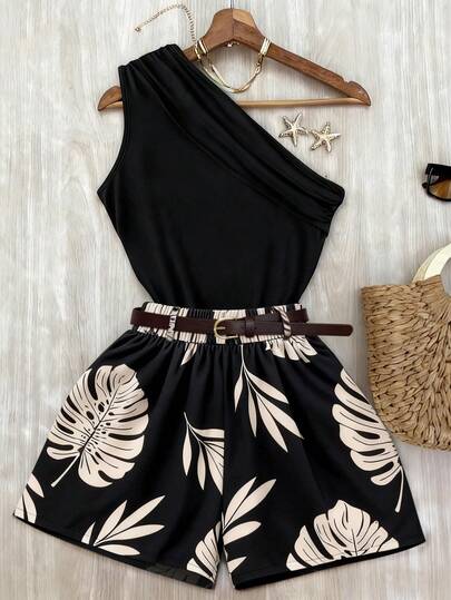 Franclia Casual Vacation Floral Print Crop Top And Loose Waist Tie Shorts 2 Piece Set