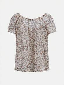 lacRébo 复古印花圆领衬衫，前襟纽扣设计，春夏度假风上衣，可爱夏日上衣，法式巴黎风情 - 杏色 - 查看 7