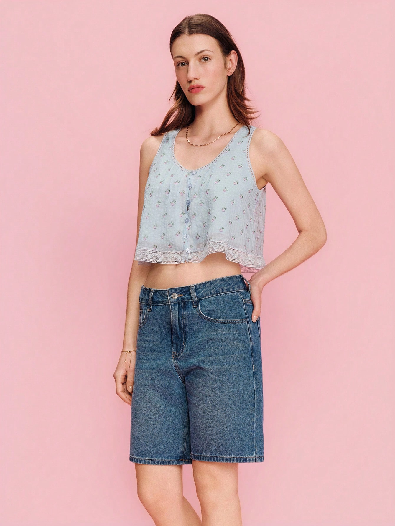 Sky Blue Floral Print Cropped Cami Top With A Round Neckline And Lace Detail Cute Top Vacation Top Women Resort Top Spring Summer French Style Parisian Style Floral Top Crop Top Sleeveless Top