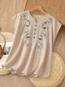 Rusticease Áo sơ mi nữ mùa hè thêu họa tiết phong cách thường ngày - Màu Khaki - Xem 5