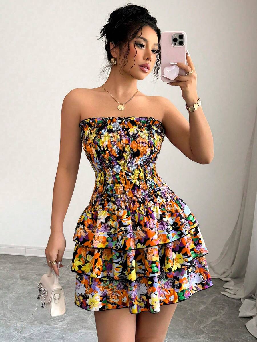 Elenzga Allover Floral Print Bustier Dress With Ruffle Hem, Sexy For Women - Multicolor - View 1
