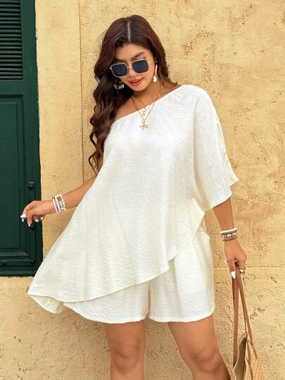 Breezaya Plus Size Asymmetrical Shoulder Textured Fabric Shirt + Elastic Waist 3/4 Shorts 2 Pieces Set, Casual Outings, Dates, Parties, Beach Vacation