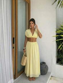 Aloruh 春夏新款优雅浪漫约会情人节婚礼派对度假两件套：深V领扭结露背上衣和低腰扭结半身裙，黄色 - 黃色 - 查看 2
