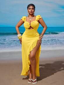 Maweii 大码性感沙滩度假风无肩带镂空不对称开衩修身连衣裙 - 黃色 - 查看 3