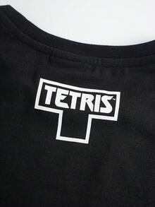 Tetris™ X SHEIN 男童休闲字母图案圆领短袖T恤，夏季 - 黑色 - 查看 5