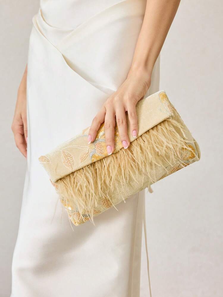LADIES ELEGANT FLORAL PATTERN BEAD MATERIAL CLUTCH BAG ENVELOPE BAG WITH ARTIFICIAL FEATHER DECORATION,VALENTINES DAY
