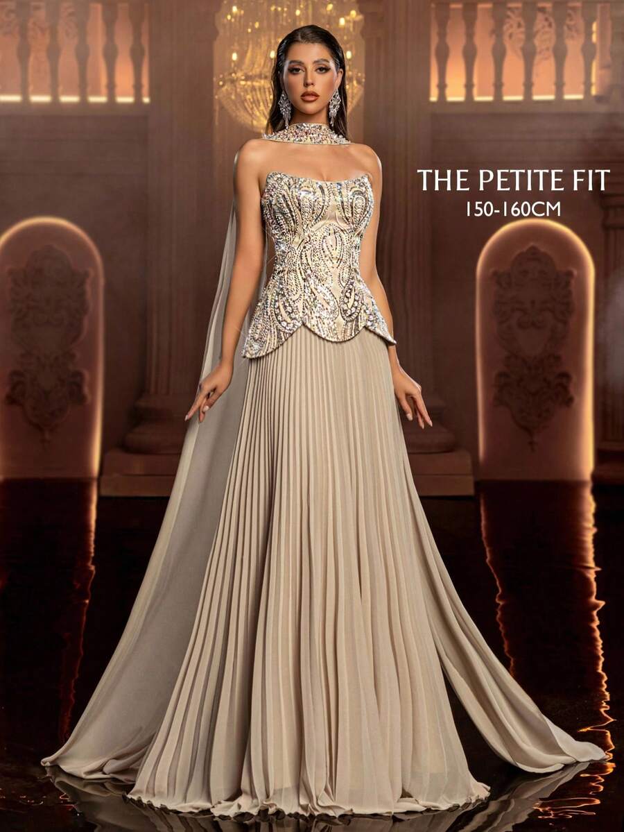 Glamrae Petite Đầm maxi cúp ngực, eo thấp, màu mơ, thanh lịch, sang trọng, quý phái, chất liệu chiffon đính cườm, kèm khăn choàng rời, tay áo dài xòe rộng, đính sequin thủ công, dây buộc điều chỉnh được, phù hợp cho các dịp trang trọng, đầm dạ hội trang trọng.