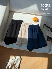 Comfortcana 3pcs Women's New Fashion Multi-Color Linen Shorts - Navy Blue - View 4