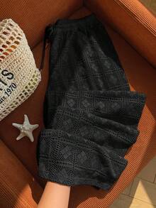 SHEIN Comfortcana Quần nữ ống rộng dáng suông, màu đen, có dây rút ở eo, in họa tiết, kiểu dáng thường ngày, năm 2026. - màu đen - Xem 3