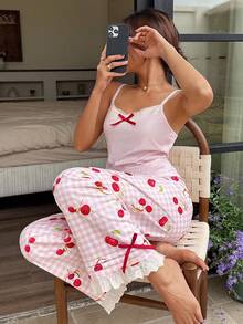 Napfluff 2pcs Lace Patchwork V-Neck Camisole Top And Fruit Plaid Print Pants Set - Baby Pink - View 1