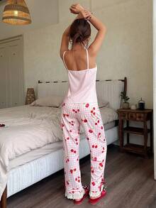 Napfluff 2pcs Lace Patchwork V-Neck Camisole Top And Fruit Plaid Print Pants Set - Baby Pink - View 2