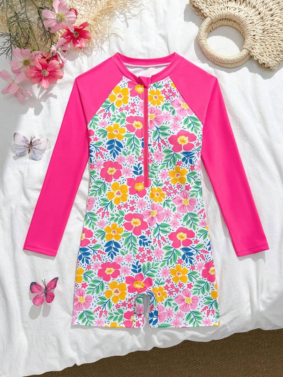 SHEIN 少女连体泳衣,可爱多彩花卉叶子印花,长袖连体泳衣,前拉链,纯色拼接,时尚休闲优雅,适合游泳、夏季度假、海滩、泳池 - 粉色 - 查看 1