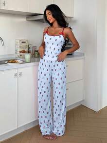 ZzzCrew 2pcs Contrast Trim Camisole & Shorts Pajama Set, Cherry Print Knit Sleepwear For Women - Multicolor - View 4