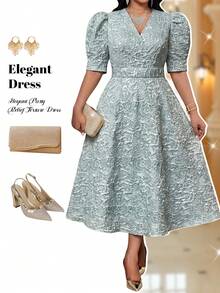 Fleurora 大码交叉裹身花瓣袖优雅纹理面料夏季连衣裙 - 綠色 - 查看 5