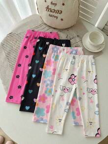 Vintaside Kids 4pcs Baby Girls' Cute Pink Floral,Heart & Sun Pattern Leggings For Autumn,Back-To-School & Graduation,Soft Versatile Casual Pants For All Seasons - Multicolor - View 2