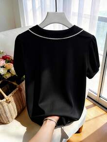 GlowEve CURVE 大码女式圆领流苏饰边撞色宽松黑色音乐节、母亲节短袖休闲优雅度假T恤 - 黑色 - 查看 2