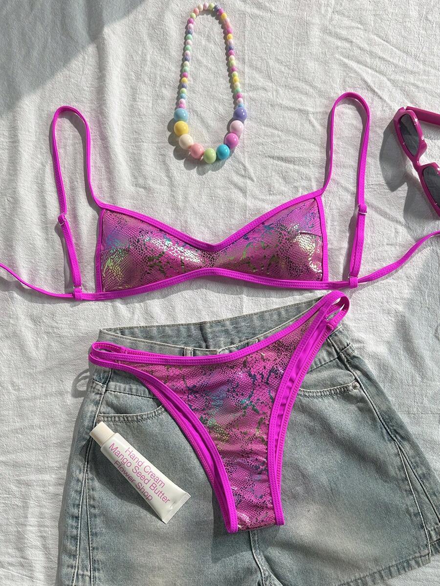 Swim Vcay 随机印花无线可调节肩带上衣和泳裤女士夏季沙滩度假比基尼套装 - 玫紅色 - 查看 1