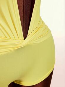 Amplova Deep Draped Neck Twist Front Jumpsuit With Ruched Sleeves - Light Yellow - View 8