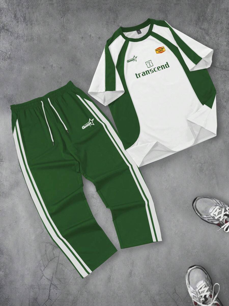 PAVTROS Set de 2 piezas Pantalones rectos casuales y deportivos con bloques de color y Camiseta con estampado de letras para hombre, Suéter de cuello alto para hombre, Conjunto de dos piezas para hombre - Verde - Ver 1