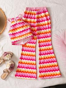 Sparklyn 2pcs/Set Tween Girls Vacation Beach Colorful Striped Squishy Jacquard Contrast Color Halter Crop Top + Flare Pants Outfit, Summer Clothes - Multicolor - View 2