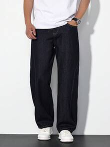 Manfinity Homme Quần jeans nam màu xanh hải quân dáng rộng, ống thẳng, phong cách thường ngày. - Rửa tối - Xem 3