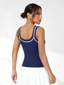 CourtClass Contrast Trim Scoop Neck Sleeveless Fitted Sports Tank Top, Summer - Navy Blue - View 2