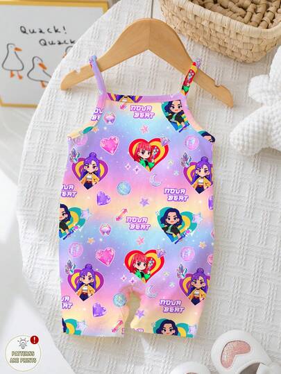 Baby Girl Casual Cute Cartoon Girl , Colorful Tie Dye Tie-Dye Purple, K-Pop Superstars , Spaghetti Strap Romper Suitable For Spring/Summer
