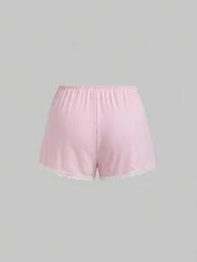 Kawaii Plus Size Sweet & Cute Doll Style Ribbed Lace Camisole & Shorts Pajama Set - Pink - View 8