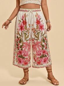Travachic Plus Size Floral Print Drawstring Waist Wide Leg Capri Pants - Multicolor - View 6