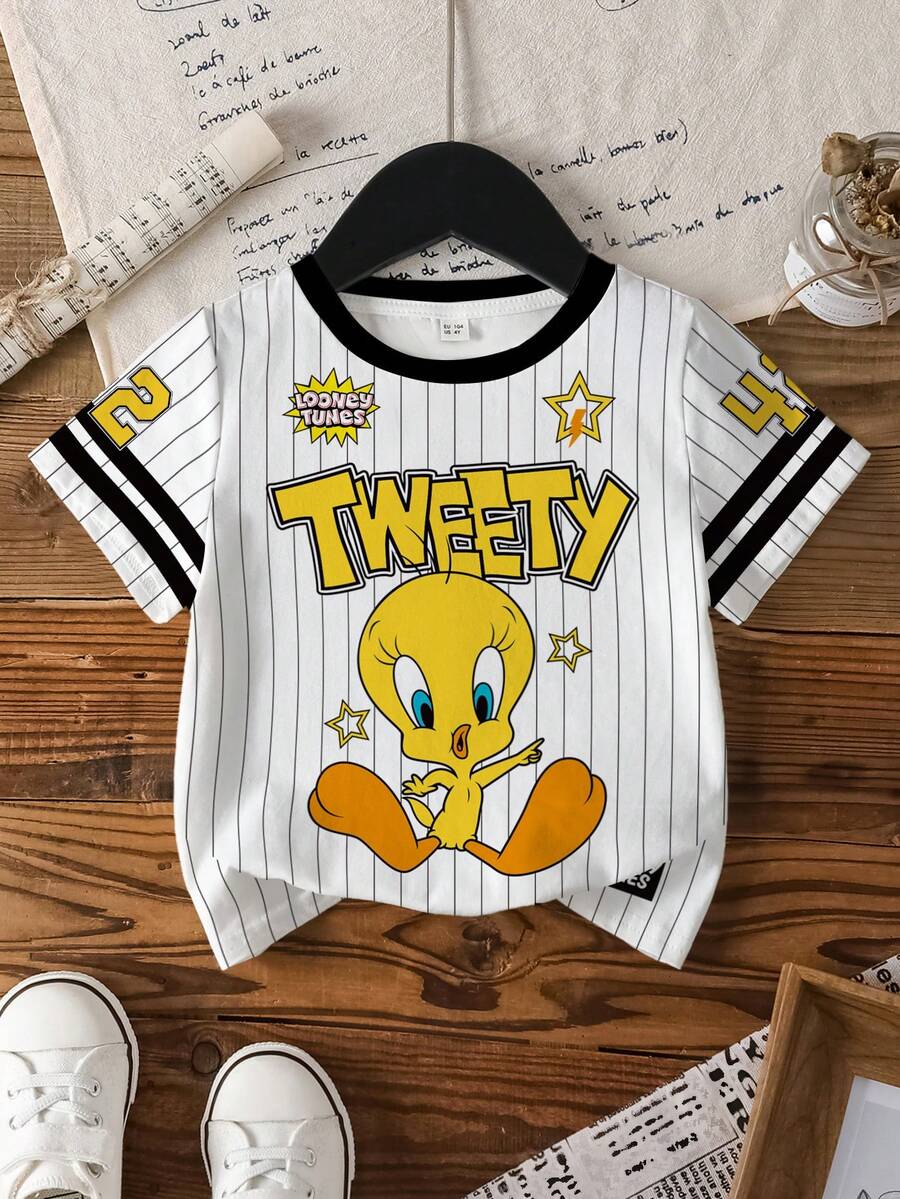 LOONEY TUNES X SHEIN Áo thun ngắn tay in hình hoạt hình cho bé gái, in toàn thân. - trắng - Xem 1