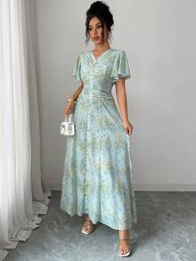 Modelyn Đầm xòe họa tiết hoa nhí cổ chữ V, eo nhún bèo dành cho nữ - màu xanh lá - Xem 7
