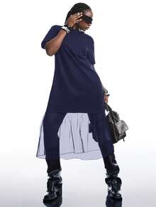 SHEIN EZwear 大码女式休闲纯色网纱连衣裙，春夏款 - 藏蓝色 - 查看 6