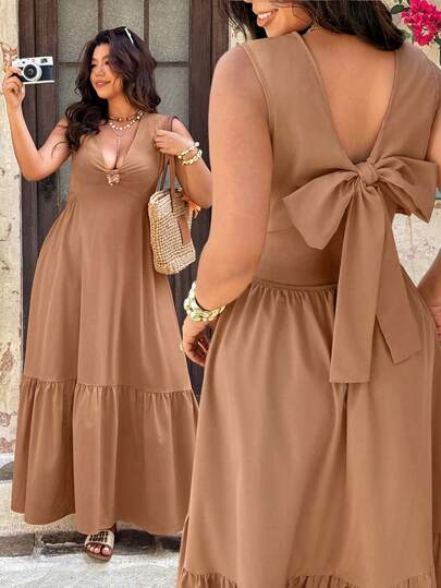 Vionelle Vestido largo de mujer talla grande de estilo casual, vacacional, romántico y sexy con escote en V, sin mangas, espalda descubierta y lazo, de unicolor, tejido, para primavera/verano