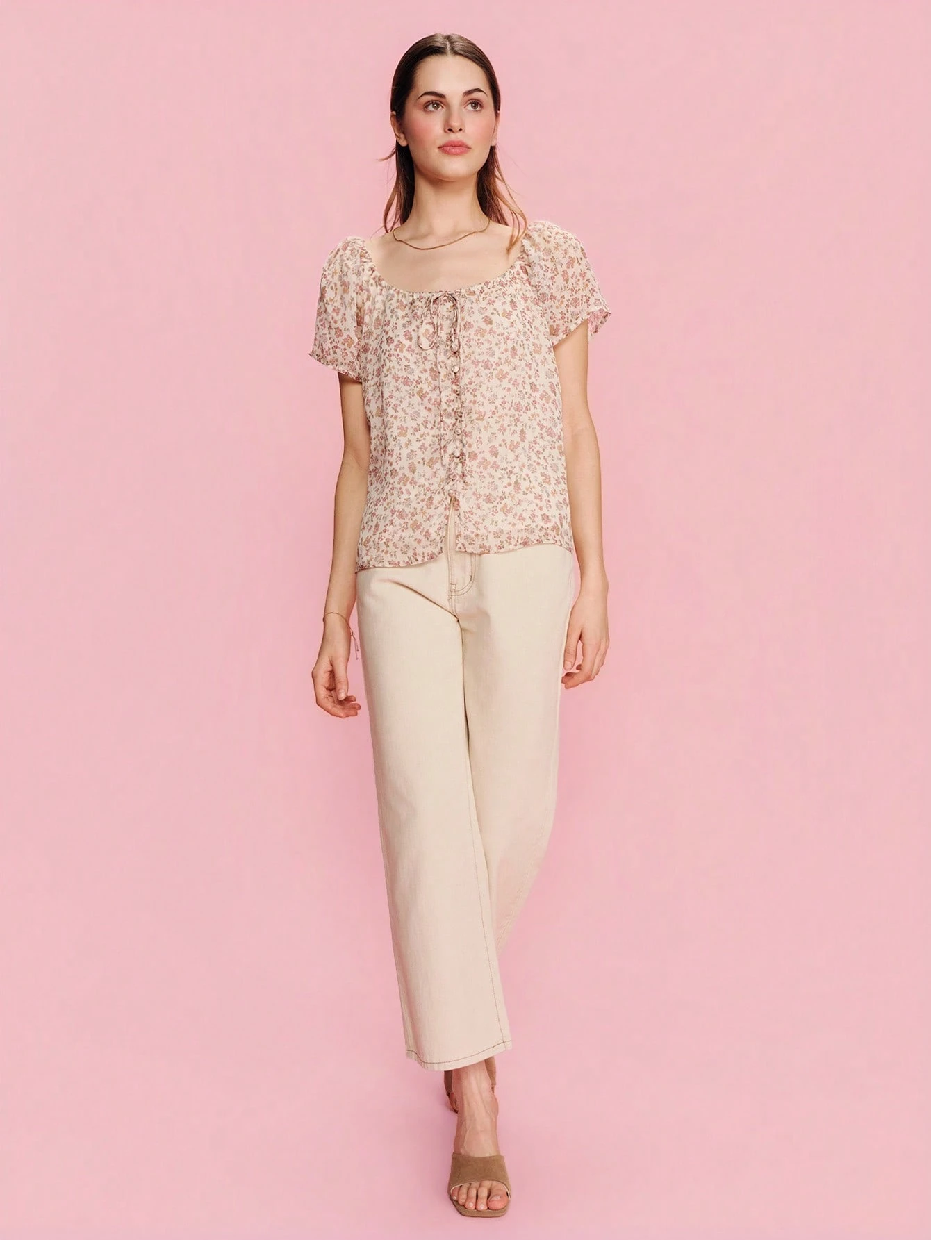 Cream Vintage Floral-Print Blouse With A Round Neckline And Front Button Fastening Spring Summer Vacation Top Cute Summer Top French Style Parisian Style