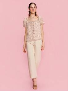 lacRébo 复古印花圆领衬衫，前襟纽扣设计，春夏度假风上衣，可爱夏日上衣，法式巴黎风情 - 杏色 - 查看 1