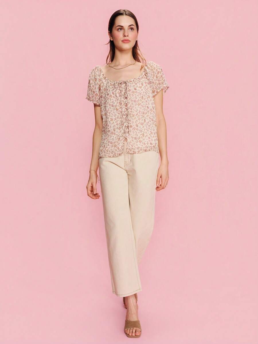 lacRébo Cream Vintage Floral-Print Blouse With A Round Neckline And Front Button Fastening Spring Summer Vacation Top Cute Summer Top French Style Parisian Style - Apricot - View 1