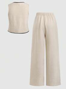 SHEIN Teen Girls V-Neck Contrast Trim Sleeveless T-Shirt And Solid Color Wide Leg Pants Casual Suit Chic Summer Outfit - Apricot - View 9