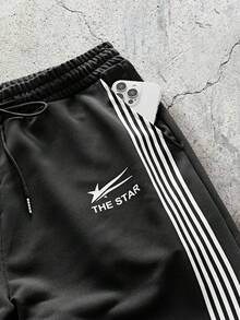 EVRINFINITE 宽松男士标语图案印花抽绳腰部运动裤度假宽松抽绳运动裤，适合丈夫、男朋友的礼物 - 黑色 - 查看 3