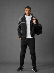 Acti Log Men's Stand Collar Patchwork Casual Sports Jacket, Versatile Small Logo Sporty Comfortable Jacket, Street Fashion Item - Black - View 7