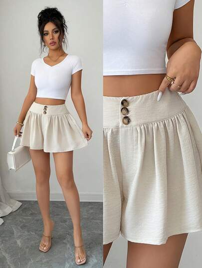 SHEIN Elenzya Quần short ống rộng cạp cao màu kaki phối chân váy xếp ly chữ A, đa năng, thích hợp đi làm, hẹn hò, mặc thường ngày, giúp thon gọn vóc dáng.