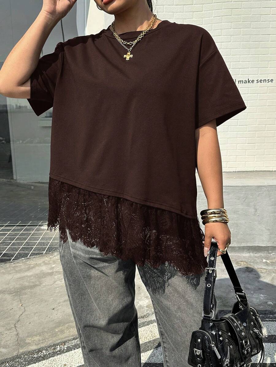 Muchica Plus Size Women Chocolate Brown Lace Hem Short Sleeve T-Shirt - Chocolate Brown - View 1